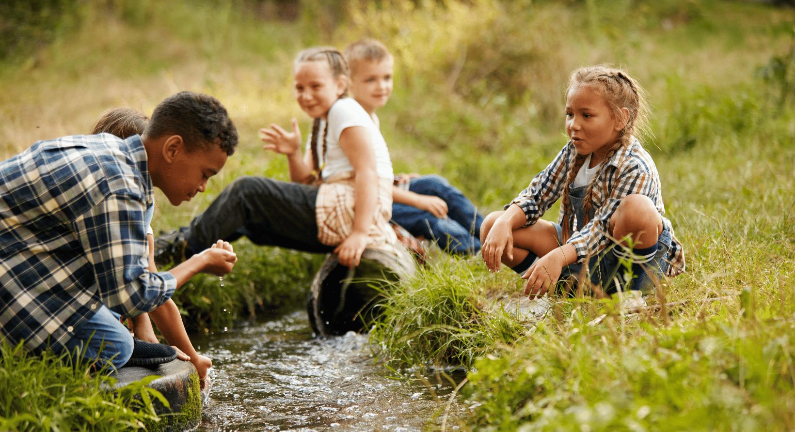 a group of children sitting on the side of a stream