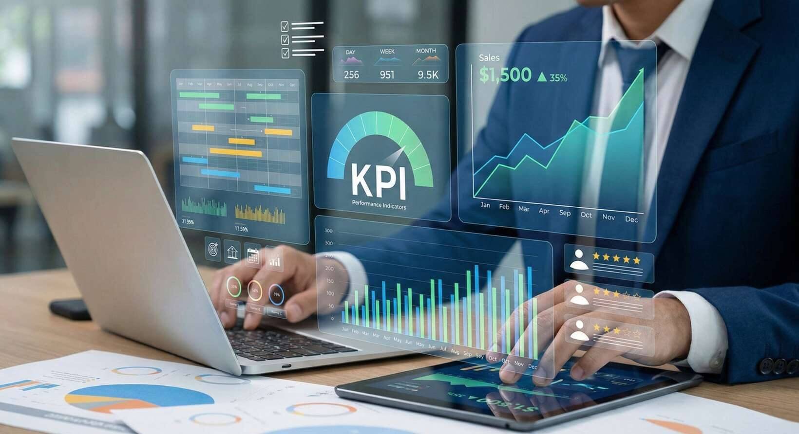 A man typing on a laptop and viewing KPIs