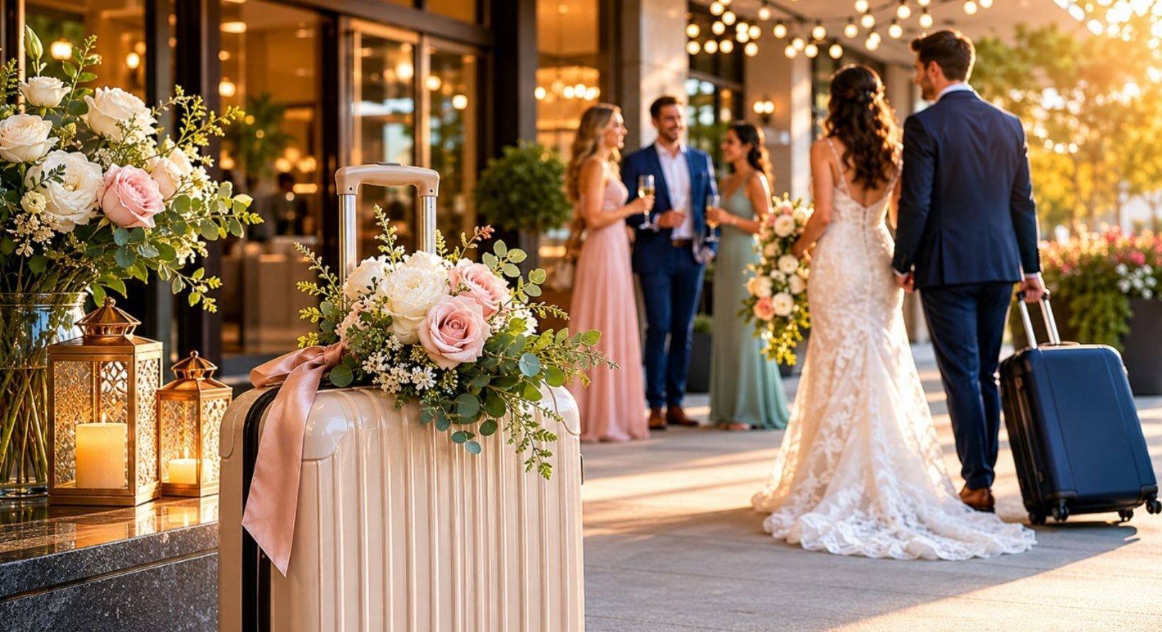 A bride and groom walking with a suitcase