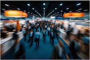 people walking around a conference with a blur effect