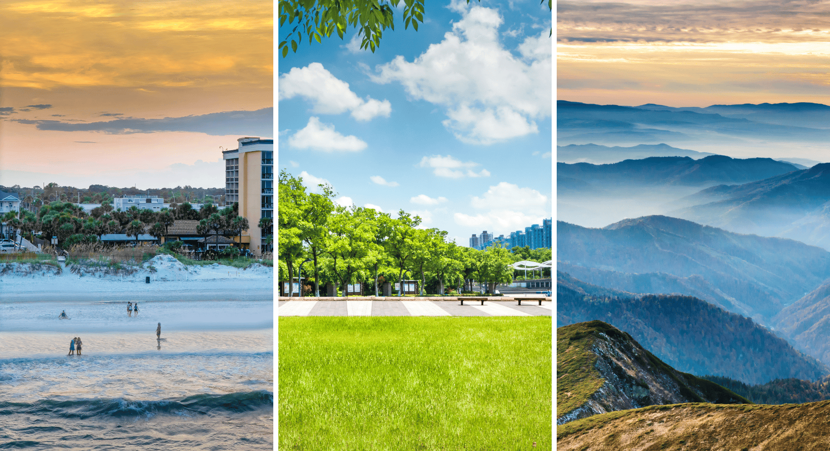 a collage of photos of mountains and a body of water
