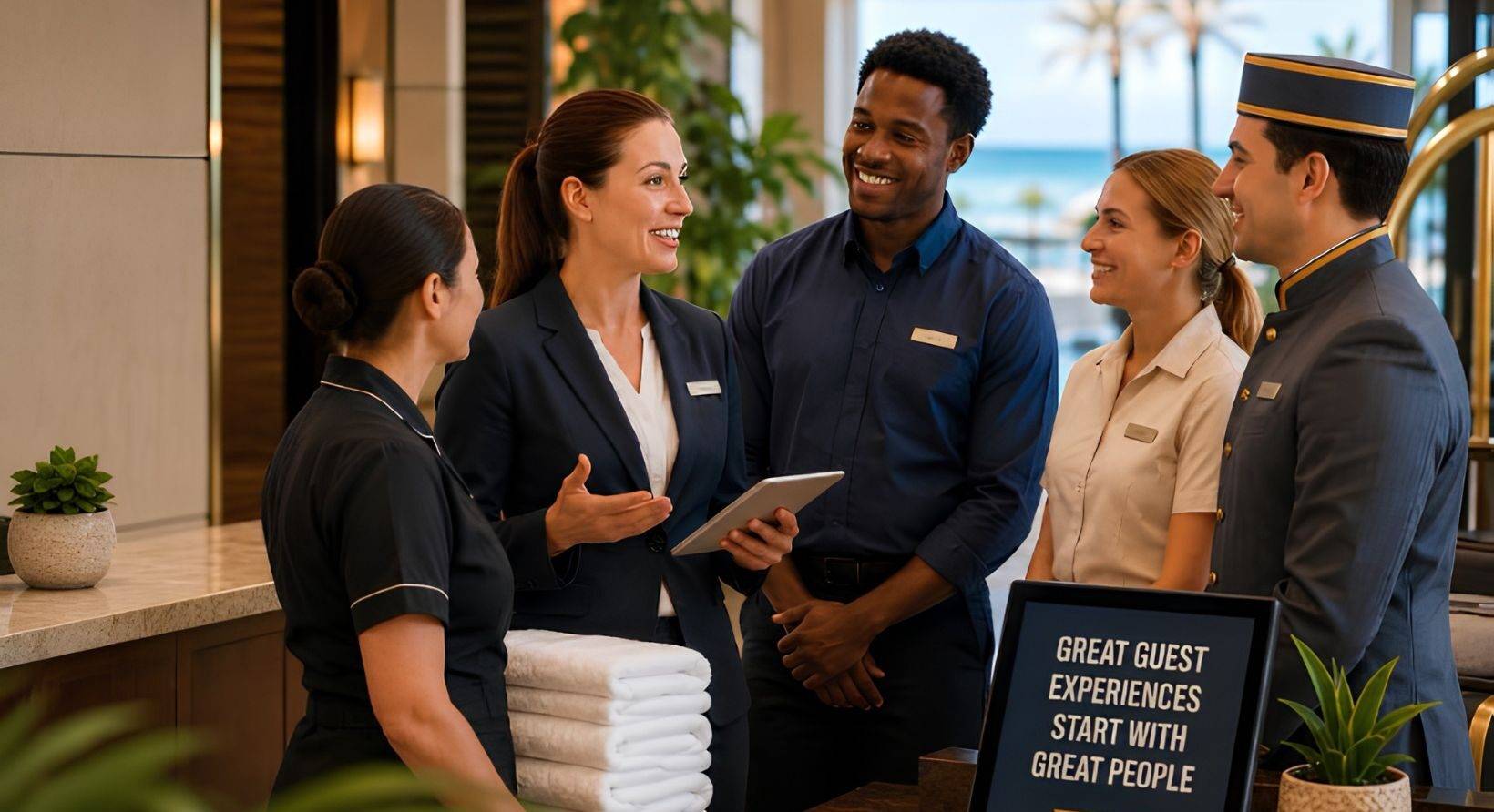 A hotel manager talking to her employees