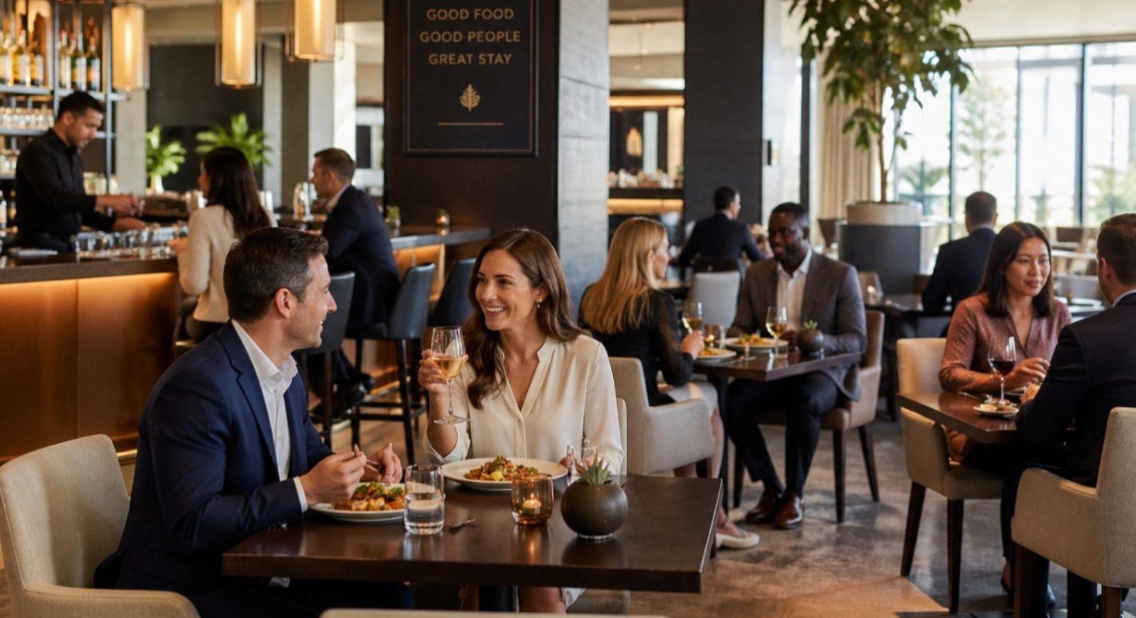 People eating in a hotel dining room