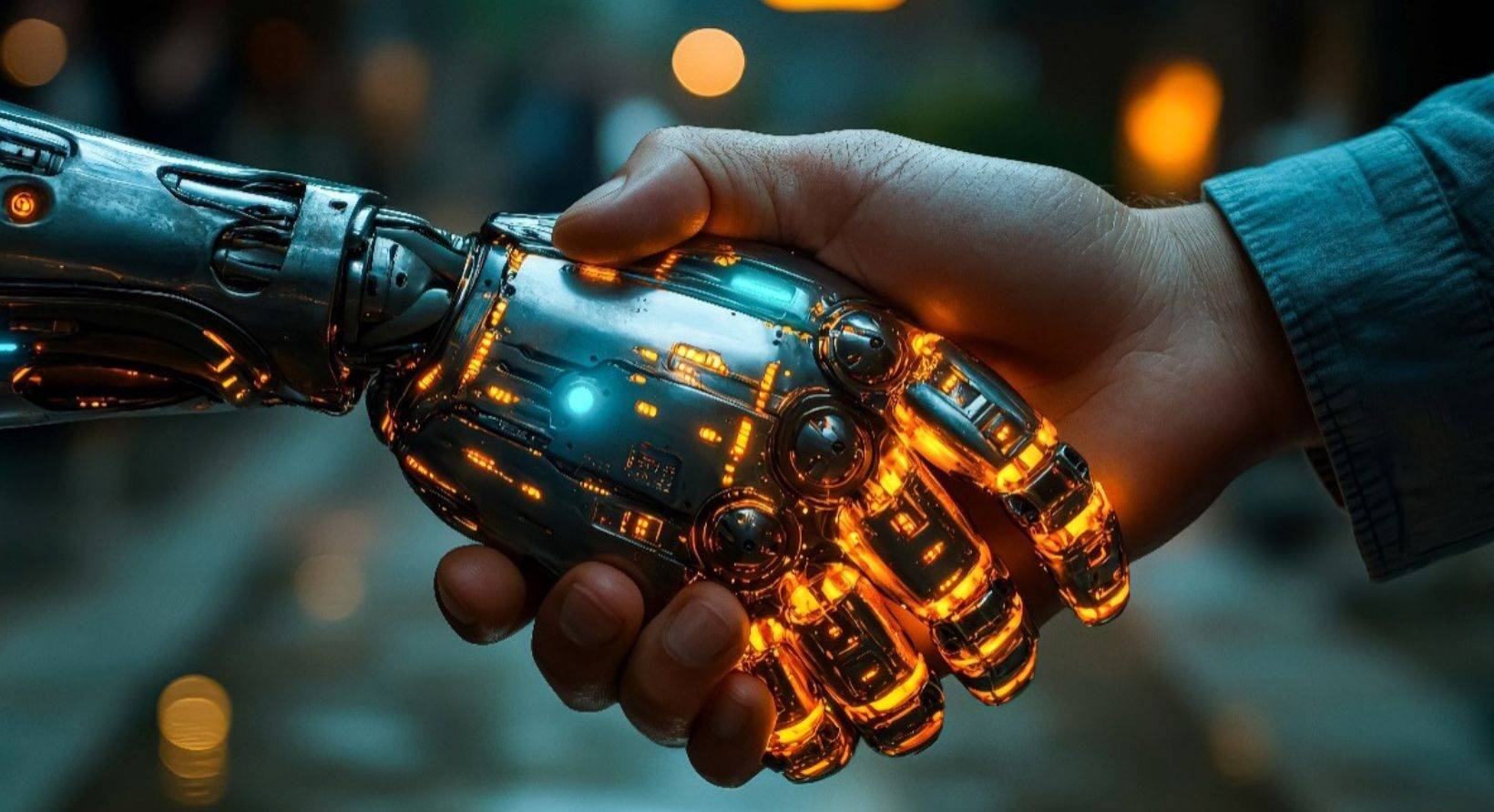 a robotic hand and a human hand shaking hands