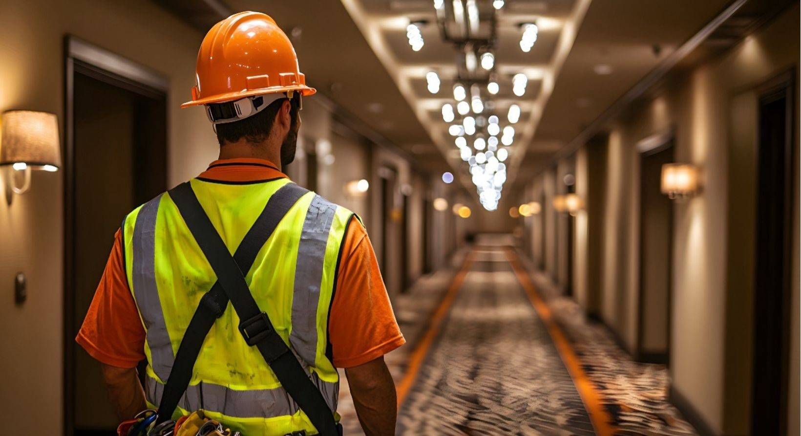 A construction man walking through a hotel hallway