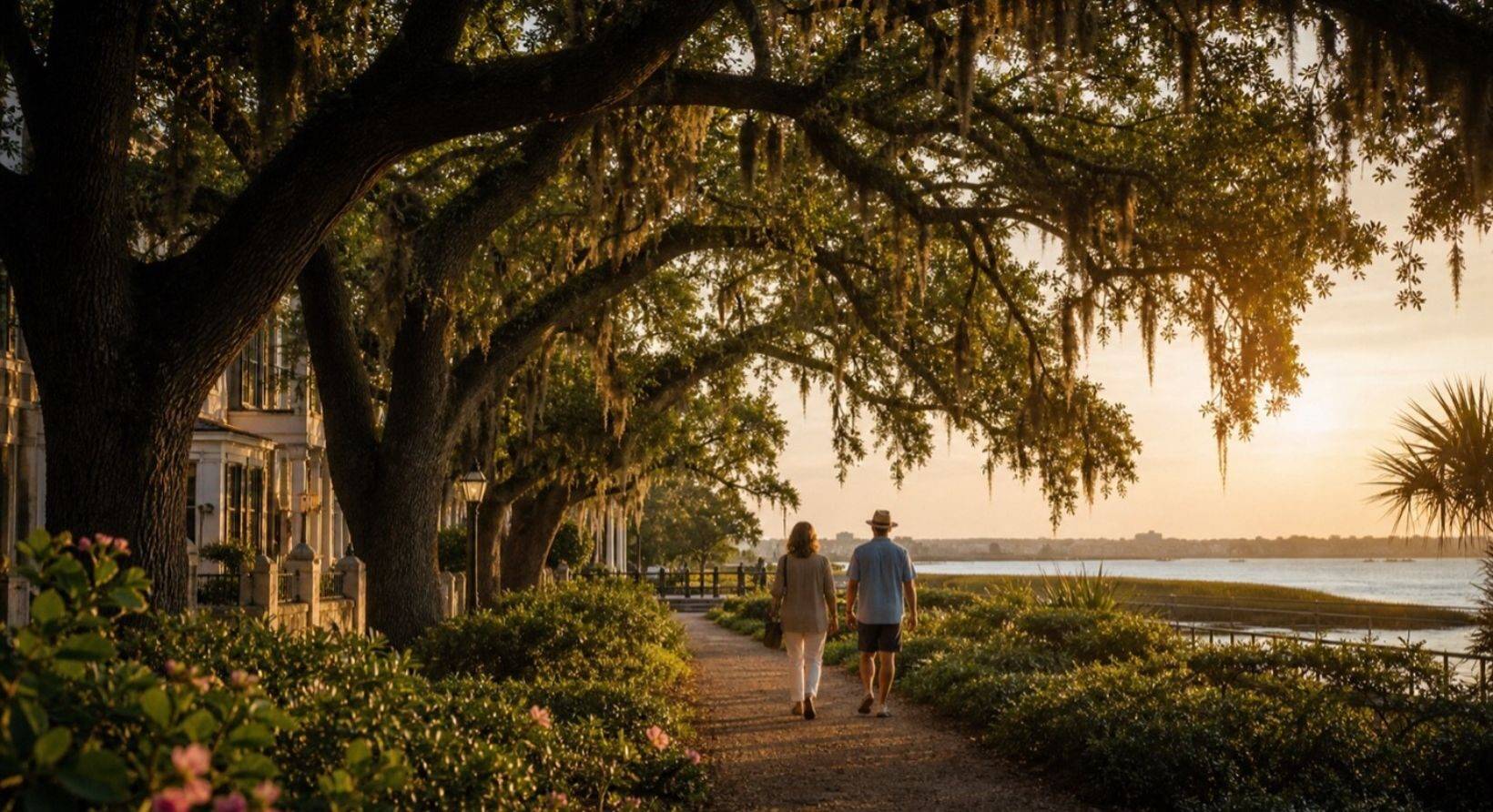 a man and woman walking on a waterside path