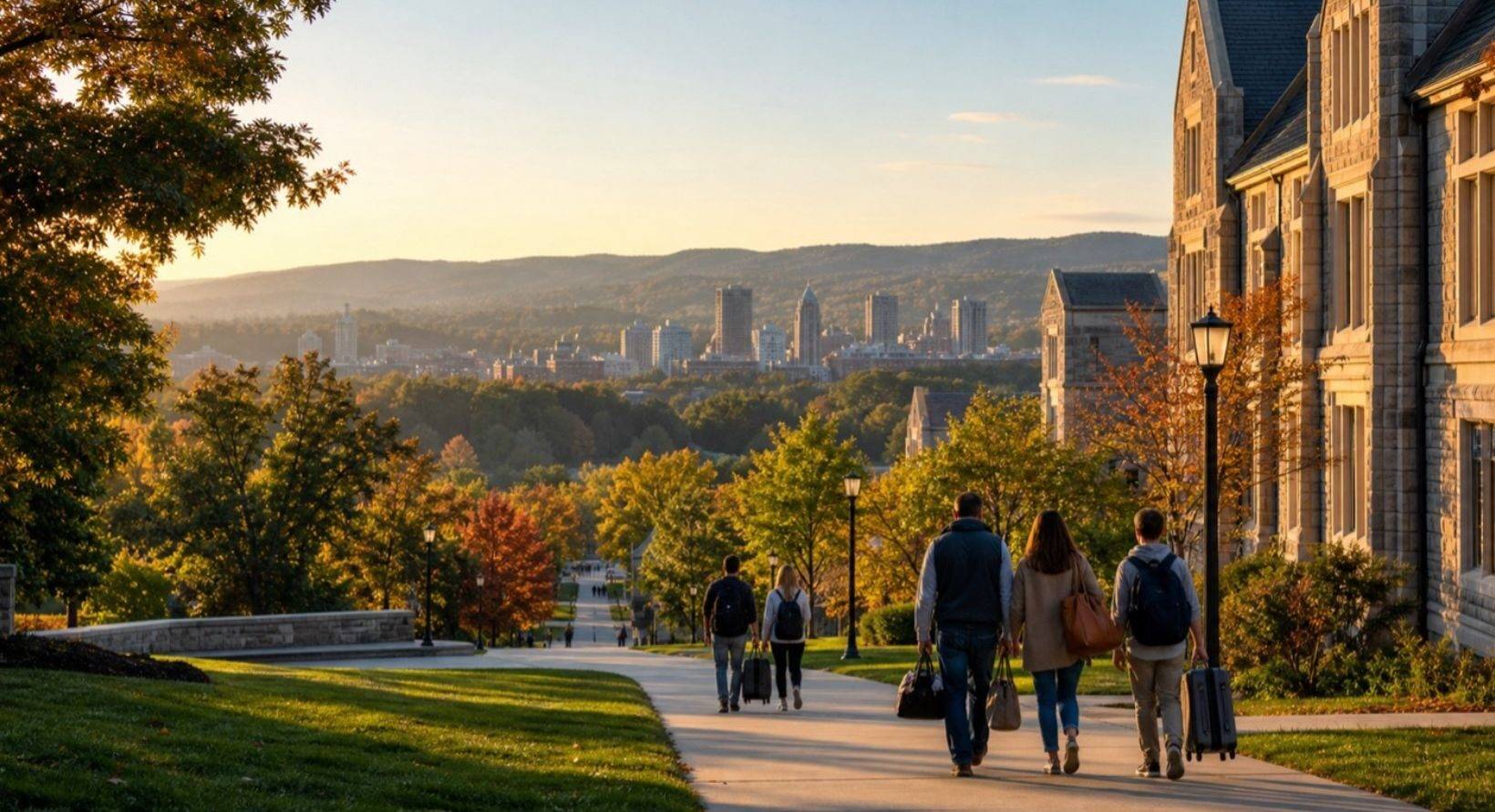 Students walking a campus path with luggage overlooking a city skyline at sunset