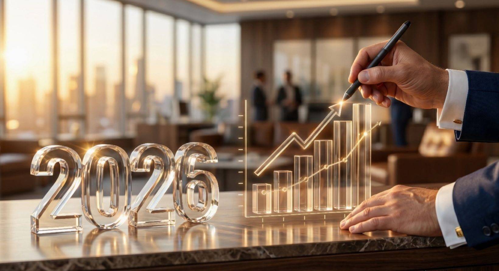 A glass 2026 sculpture beside a rising bar chart drawn by hand