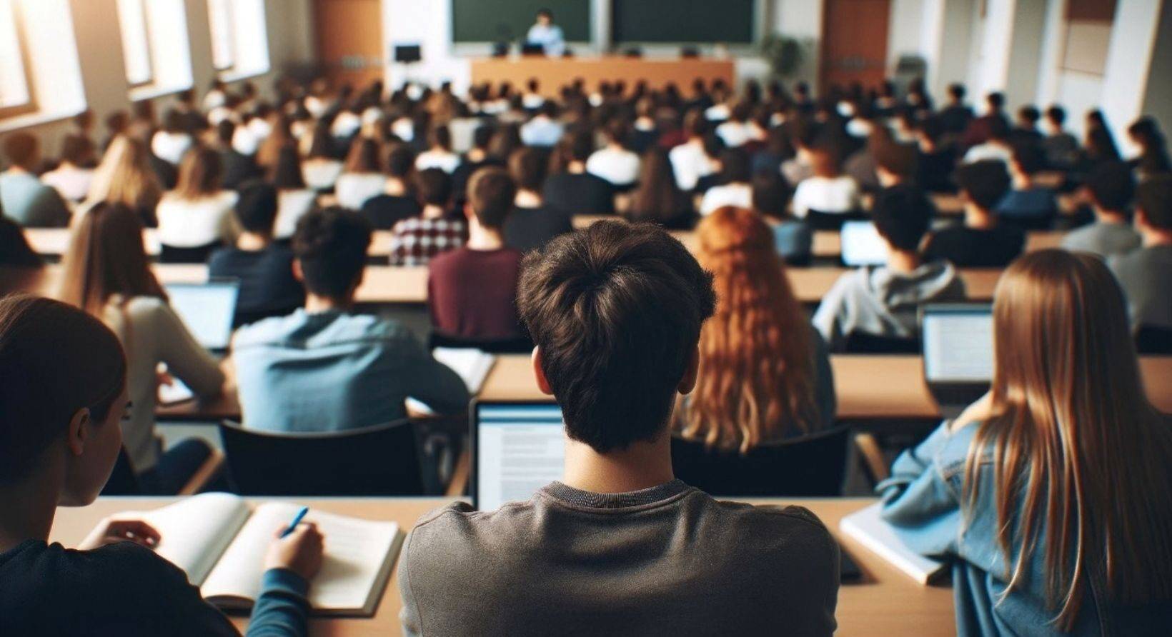 Students with laptops and notebooks listening to a lecture in a large classroom
