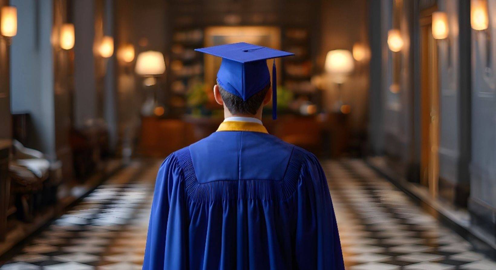 a graduate wearing a cap and gown in a hotel lobby