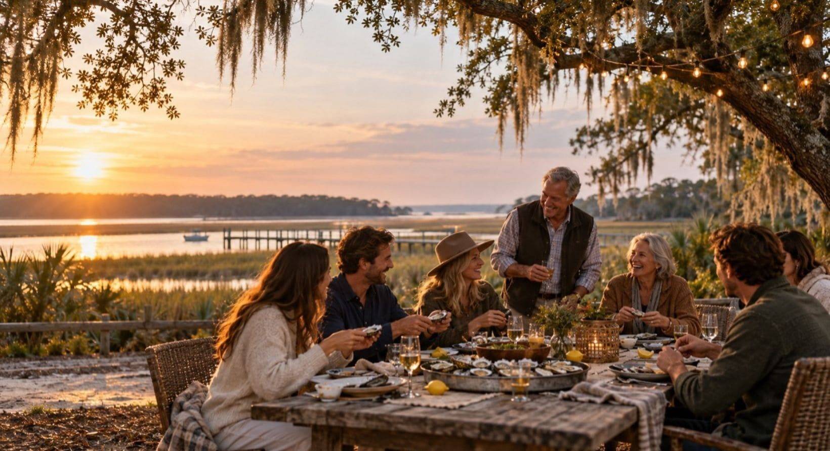 People gathering at a table for a sunset dinner