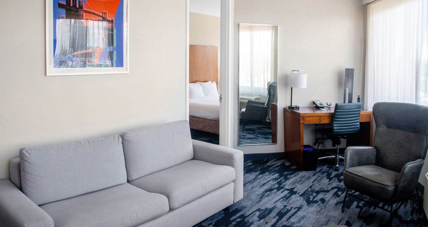 A king suite at a hotel in Brooklyn, NY