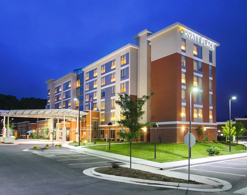 A hotel exterior at night