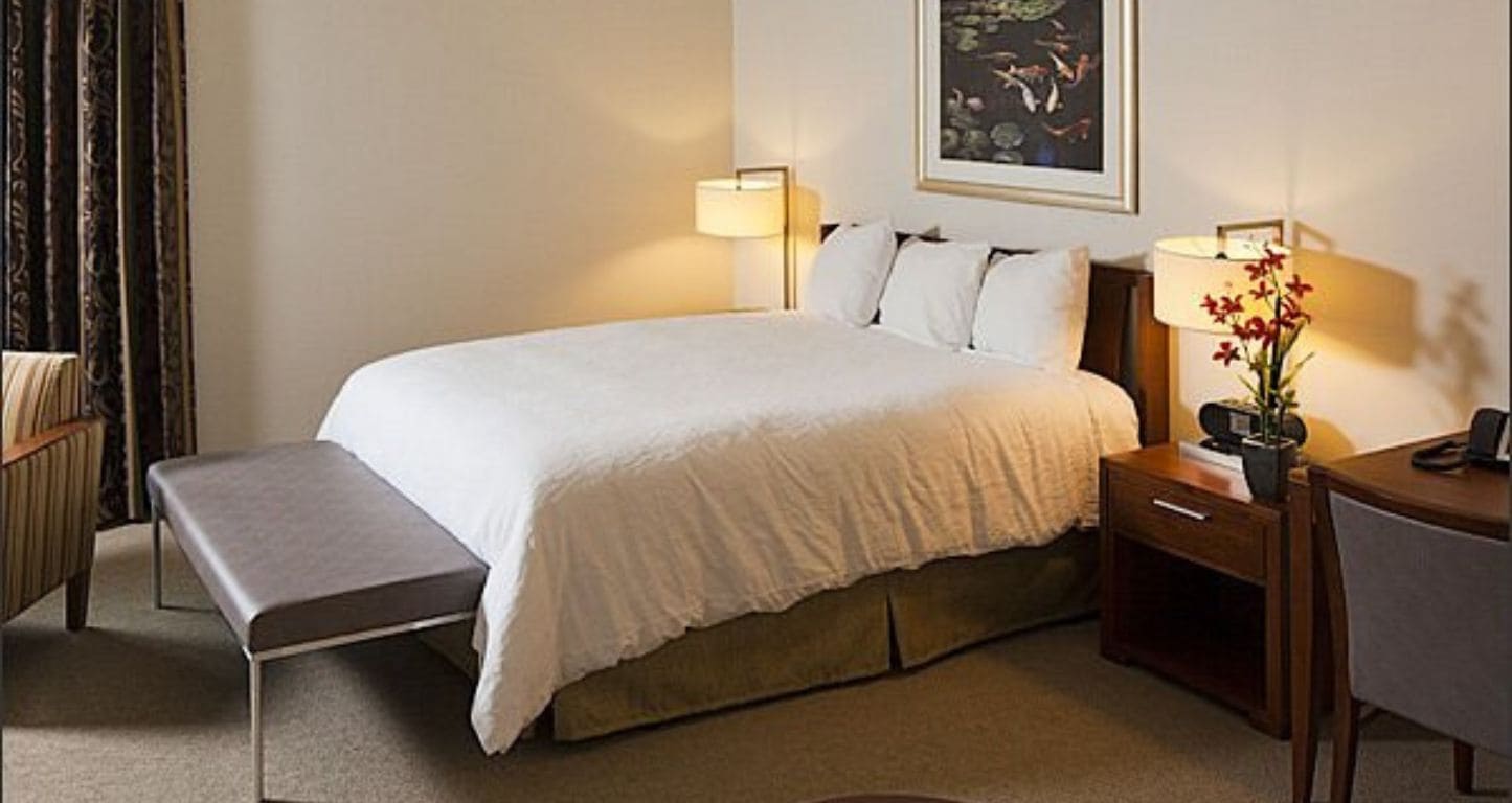 A guest room at the Suites at Yale