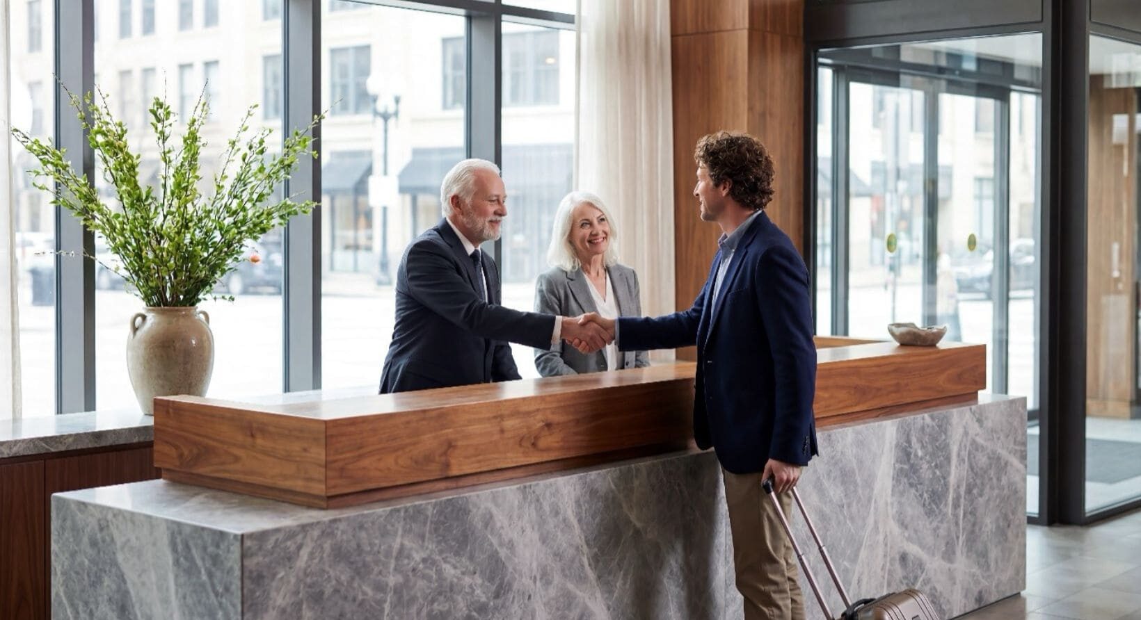 A hotel manager greeting a guest